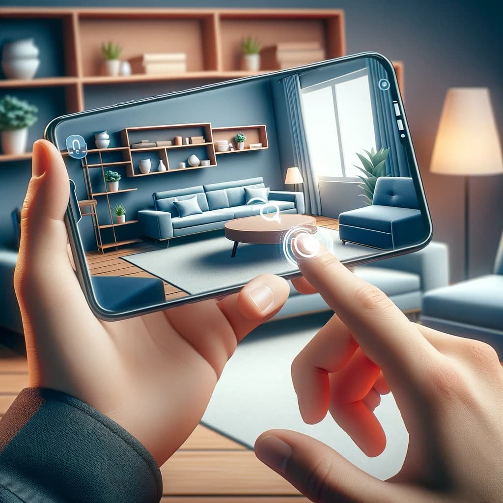 Persona utilizando realidad aumentada a través de su smartphone para visualizar un mueble en su sala, destacando la innovación en compras online para startups